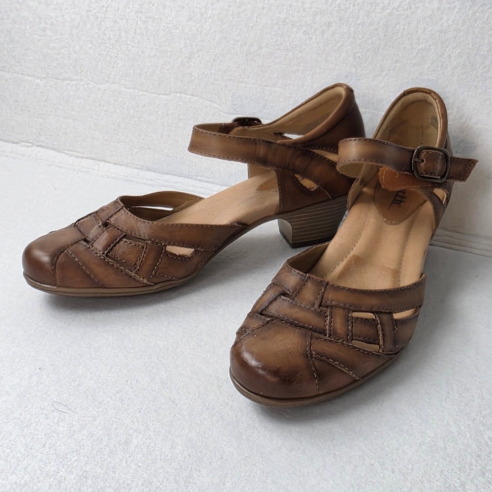 Earth Brown Leather Woven Mary Jane Block Heel Pumps Shoes Ankle Strap 9.5B